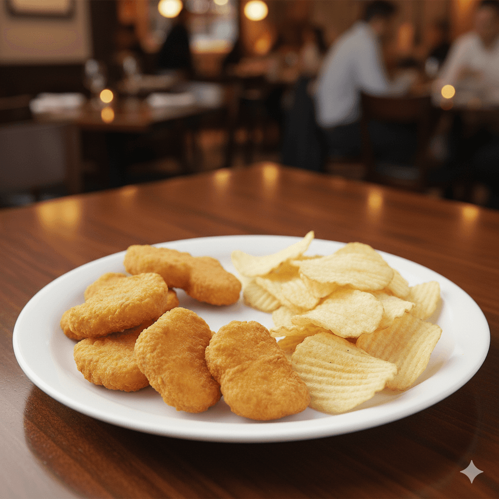 A kid's serving of chicken nuggets and ripple chips