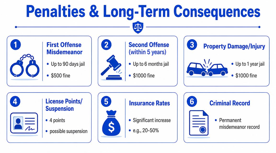 An infographic detailing the various penalties and long-term legal consequences of reckless driving offenses.