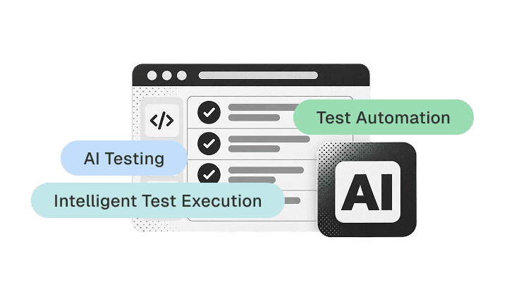 AI testing illustration showing test automation and intelligent test execution with an AI-powered testing interface.