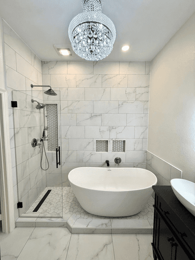 Bathroom remodel featuring a freestanding tub and walk-in shower
