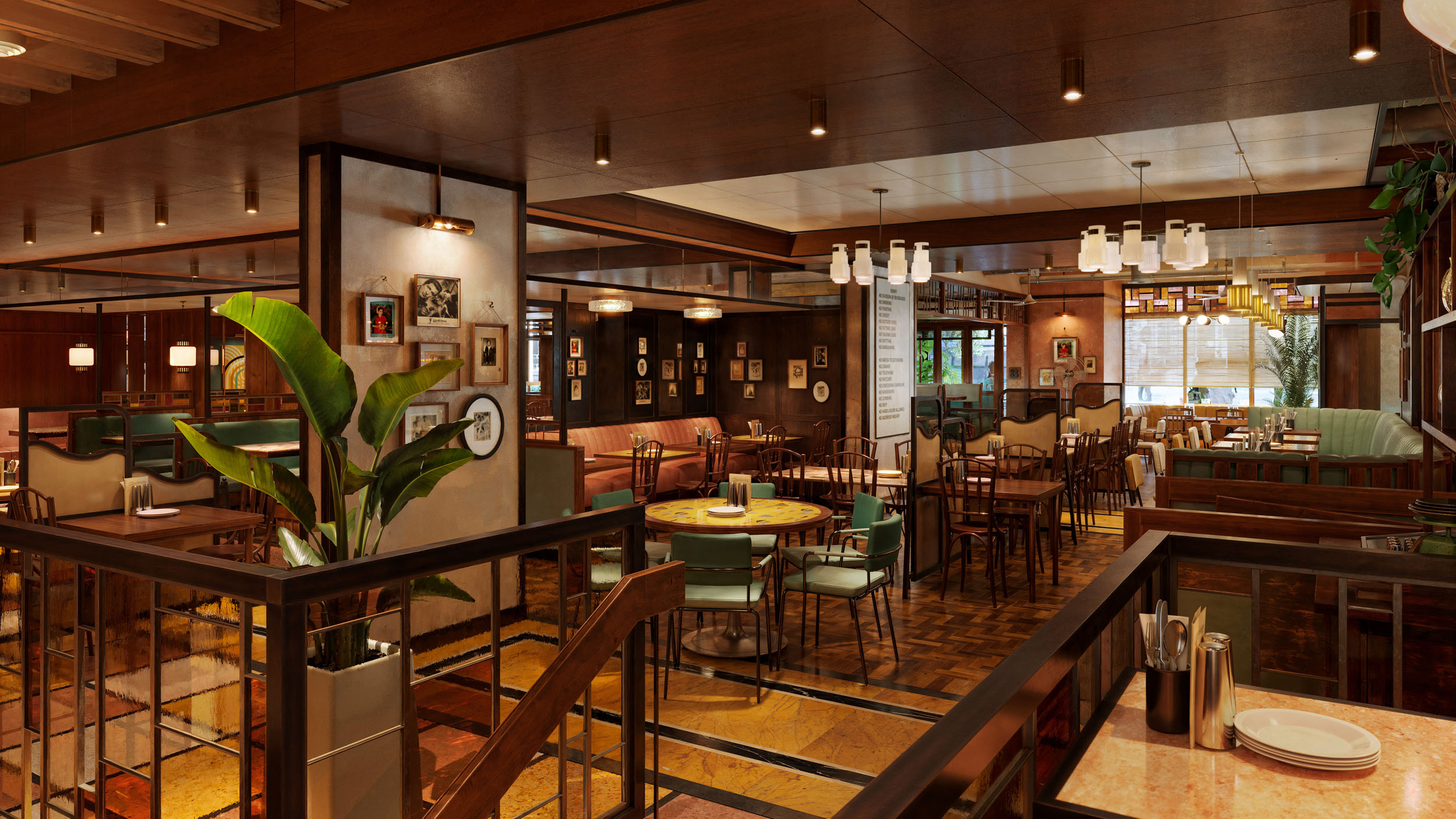 Photorealistic architectural CGI render of a restaurant interior.