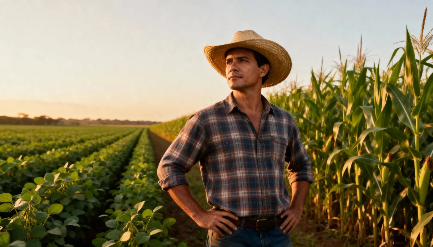 Imagem de um produtor com a plantação de fundo