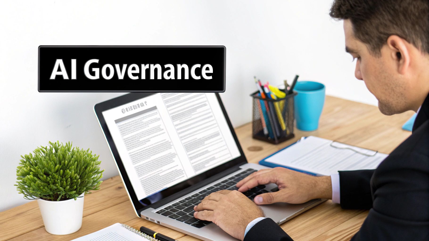 A professional works on a laptop at a wooden desk, with an 'AI Governance' banner above.