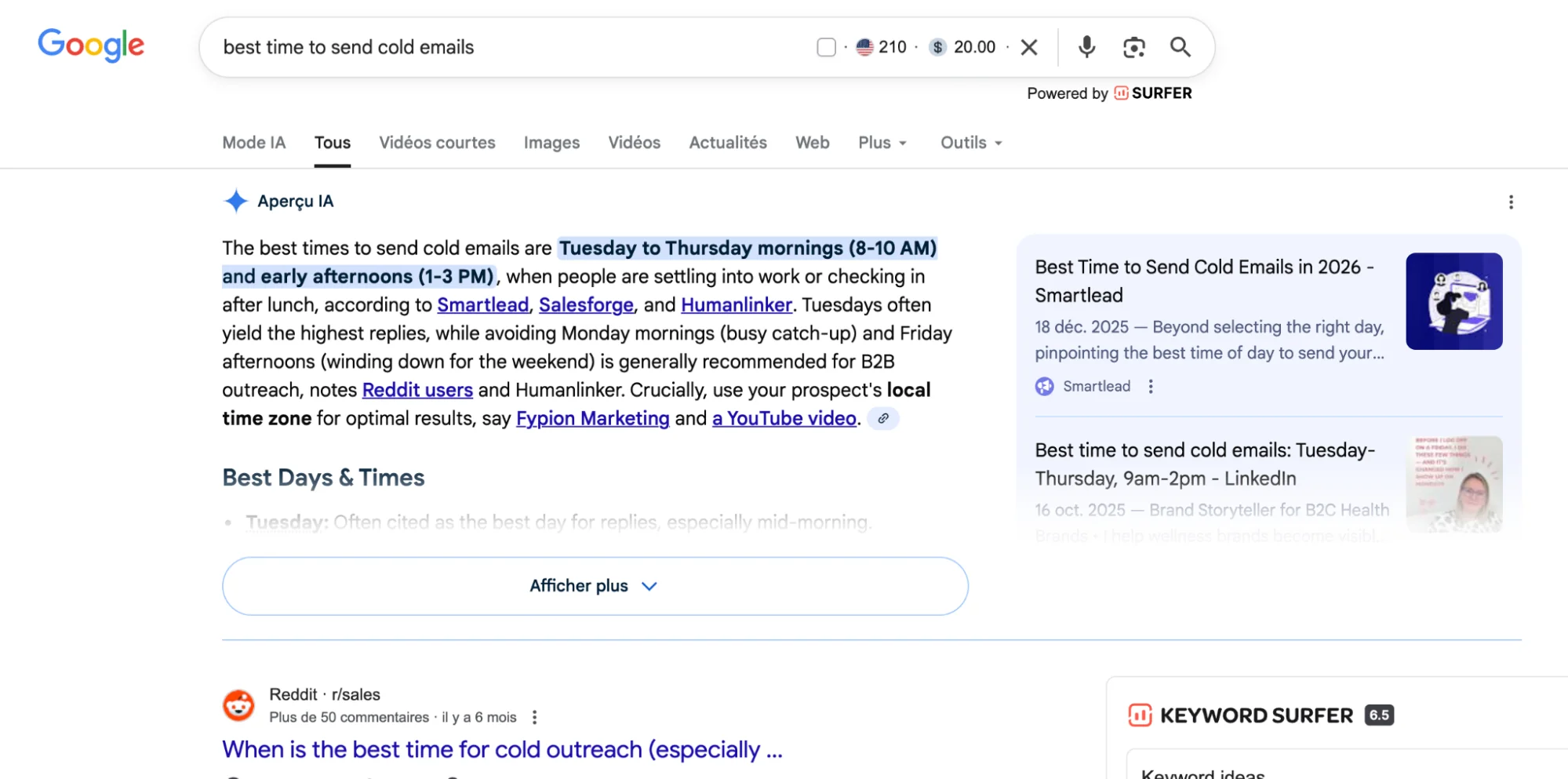 Google SERP screenshot: what research says about the best time to send cold emails