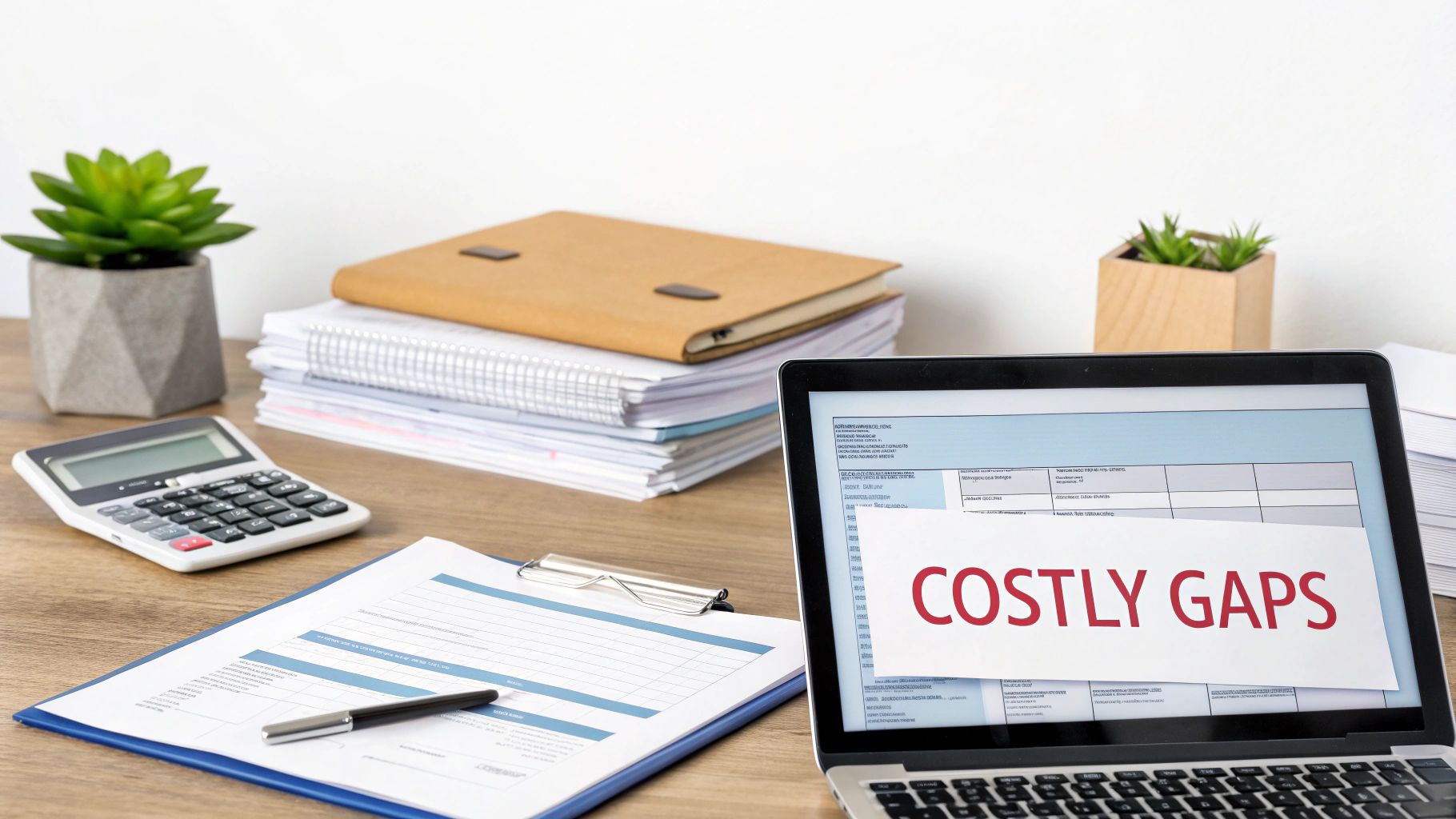 A desk with a laptop displaying 'COSTLY GAPS', calculator, documents, and plants.