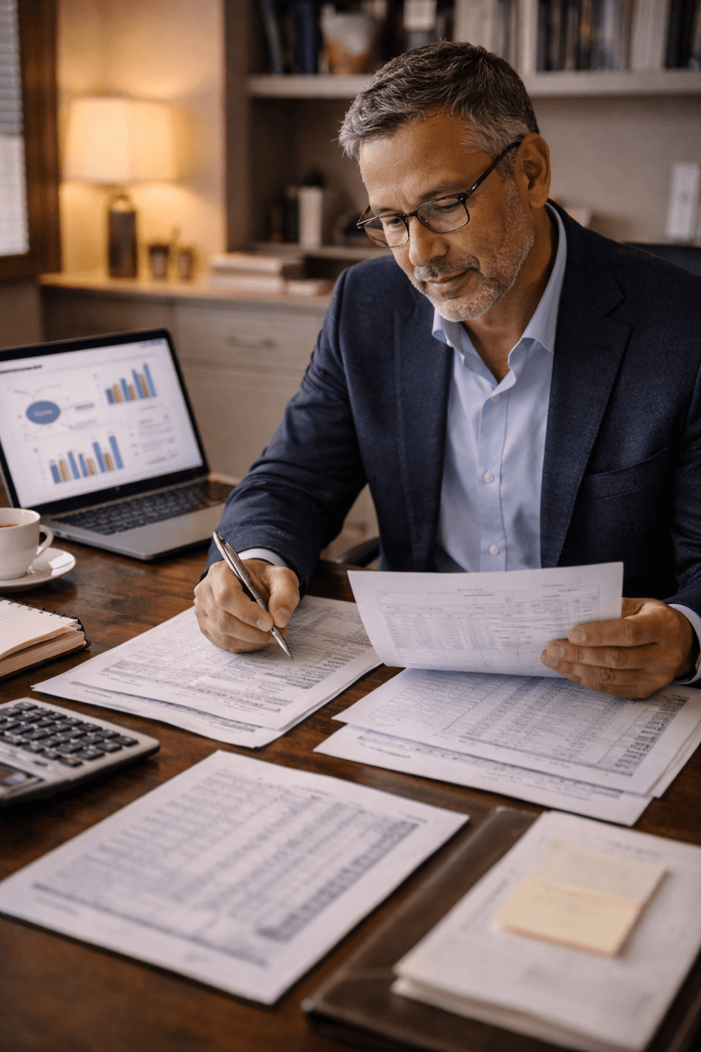 Man writing notes on paper while reviewing documentsplaying charts and graphs on a desk during a meeting
