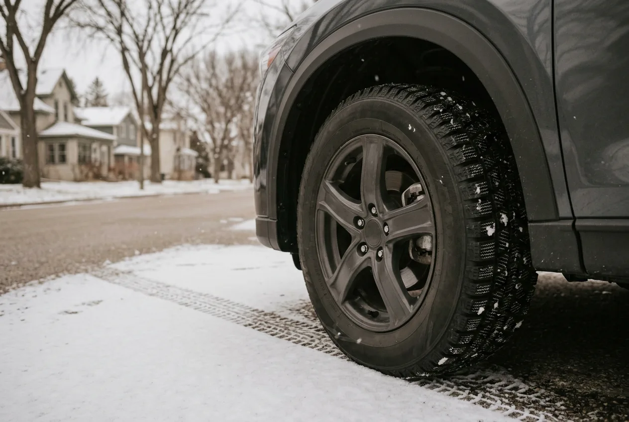 Close-up of a winter tire on a dark SUV parked on a snowy residential street in Winnipeg, with fresh tread marks in the snow