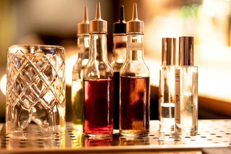 Bitters bottles on a bar