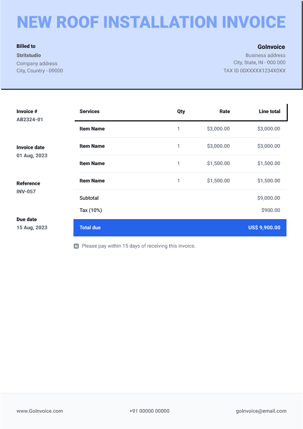 New Roof Installation Invoice