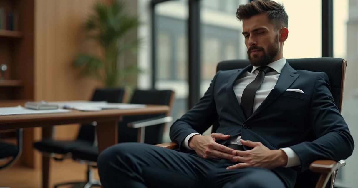 Homem de terno sentado, executando discreto exercício de Kegel sem ser percebido 