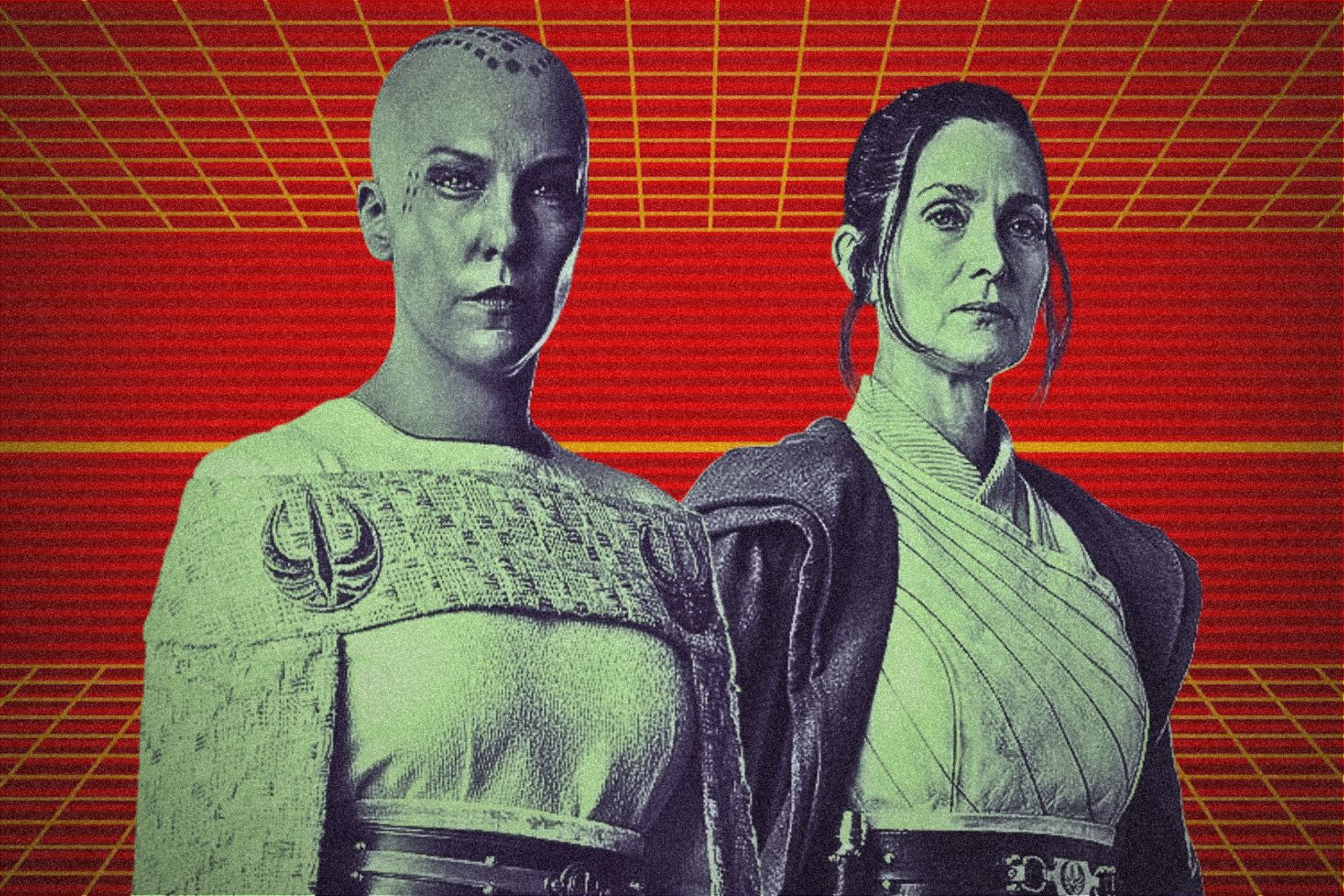 Jedi Master Vernestra Rwoh and Jedi Master Indara in Jedi robes with a green tint over a red geometric background