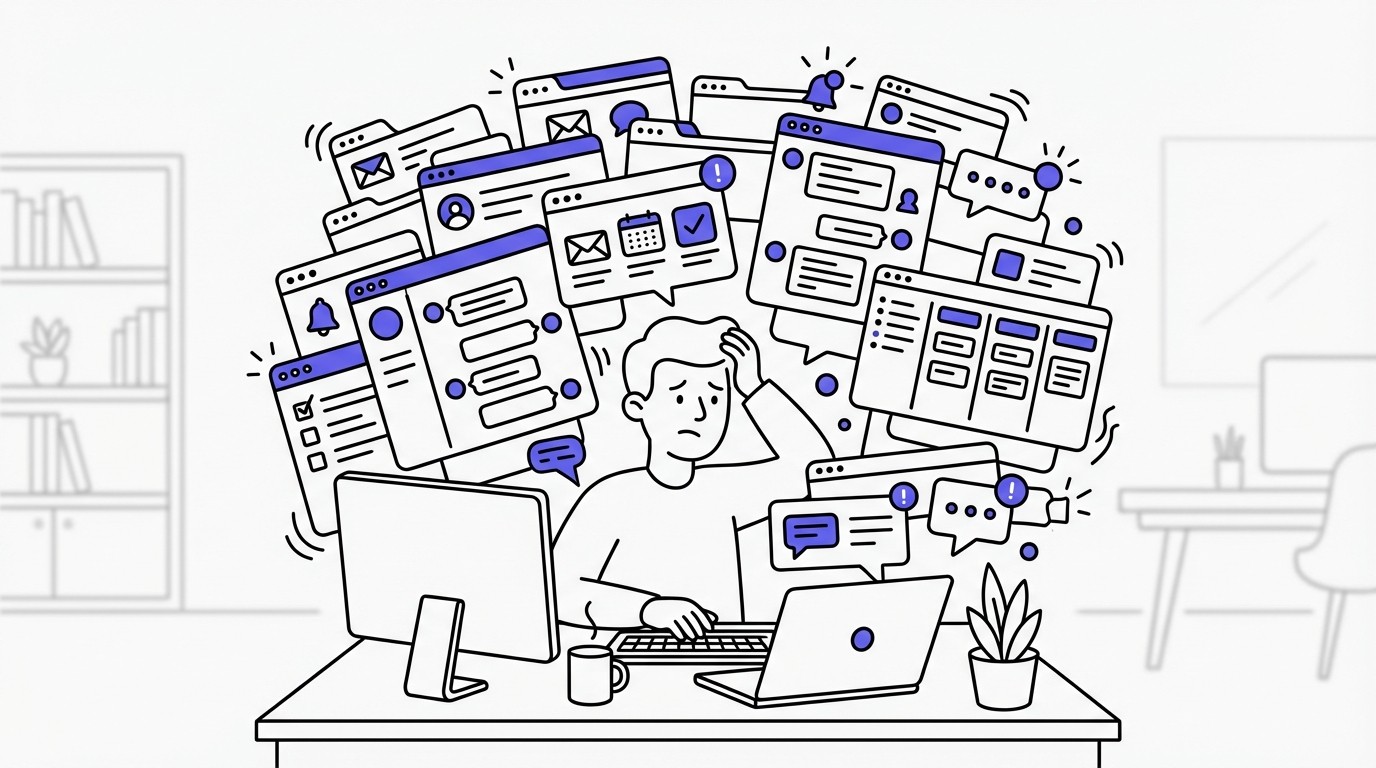 An illustration of a professional person looking overwhelmed and stressed, surrounded by a chaotic swarm of floating browser tabs, application windows, and notification bubbles, symbolizing digital overload and context-switching.