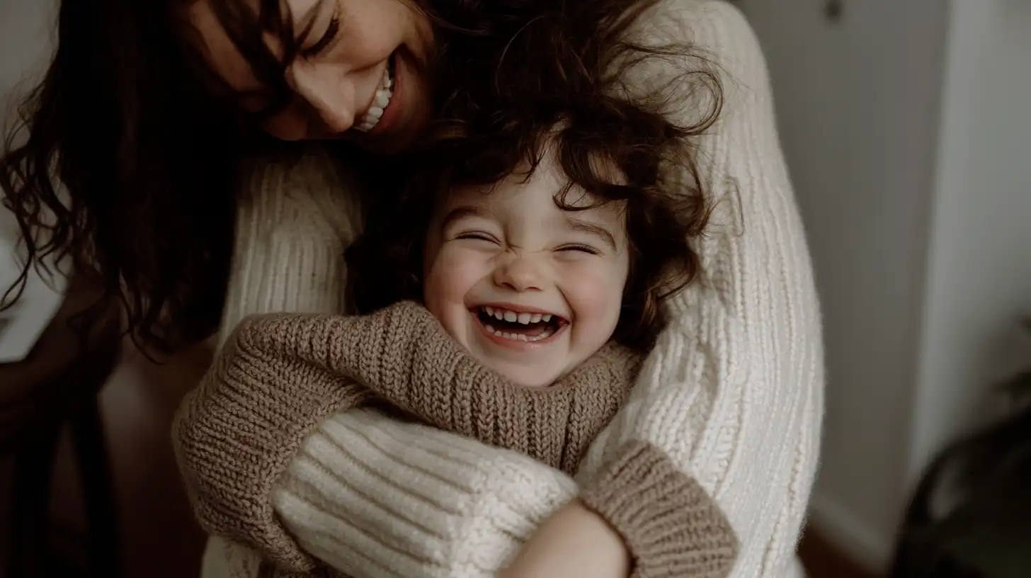 A joyful caregiver hugging a laughing child, conveying warmth, trust, and the care-focused values of United Nannies.