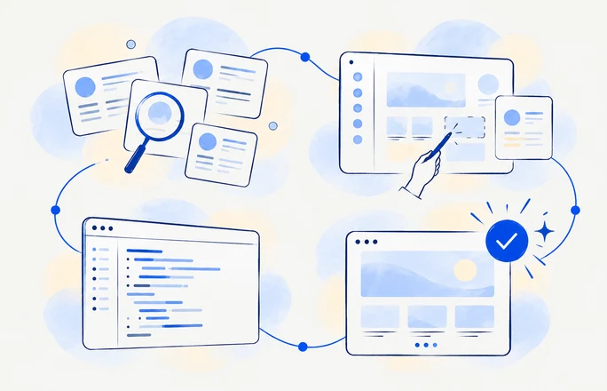 How we work in fine navy linework with cobalt accents and pale watercolor washes.