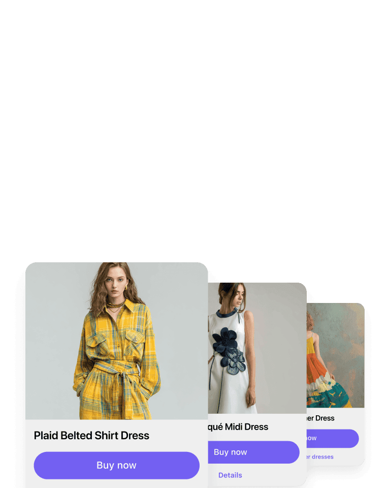 Visual depicting a carousel messaging example. Each carousel card shows women dresses.