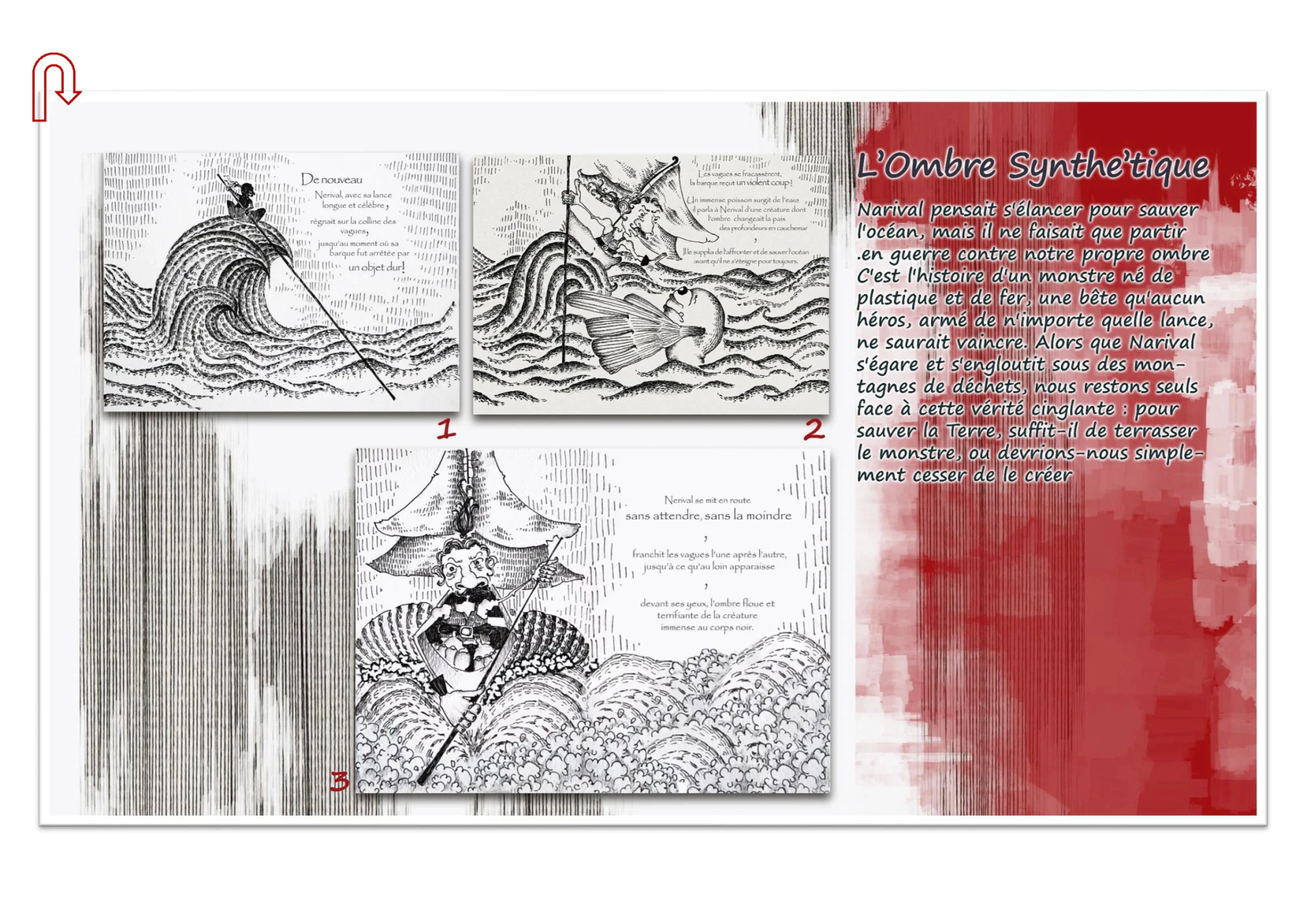 L’Ombre synthétique de Mobina Rahimi : récit illustré en noir, blanc et rouge montrant un personnage affrontant les vagues, dans une fable sur la pollution des océans.