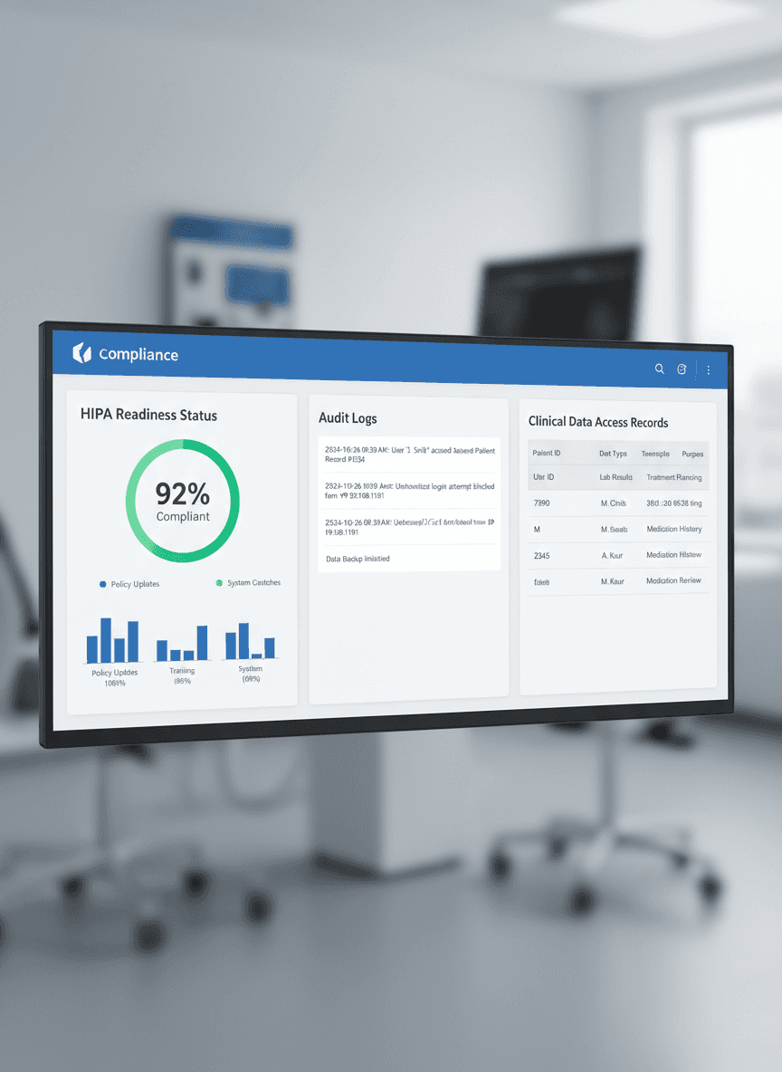 “Healthcare compliance dashboard showing HIPAA readiness status, audit logs, and clinical data access records.”