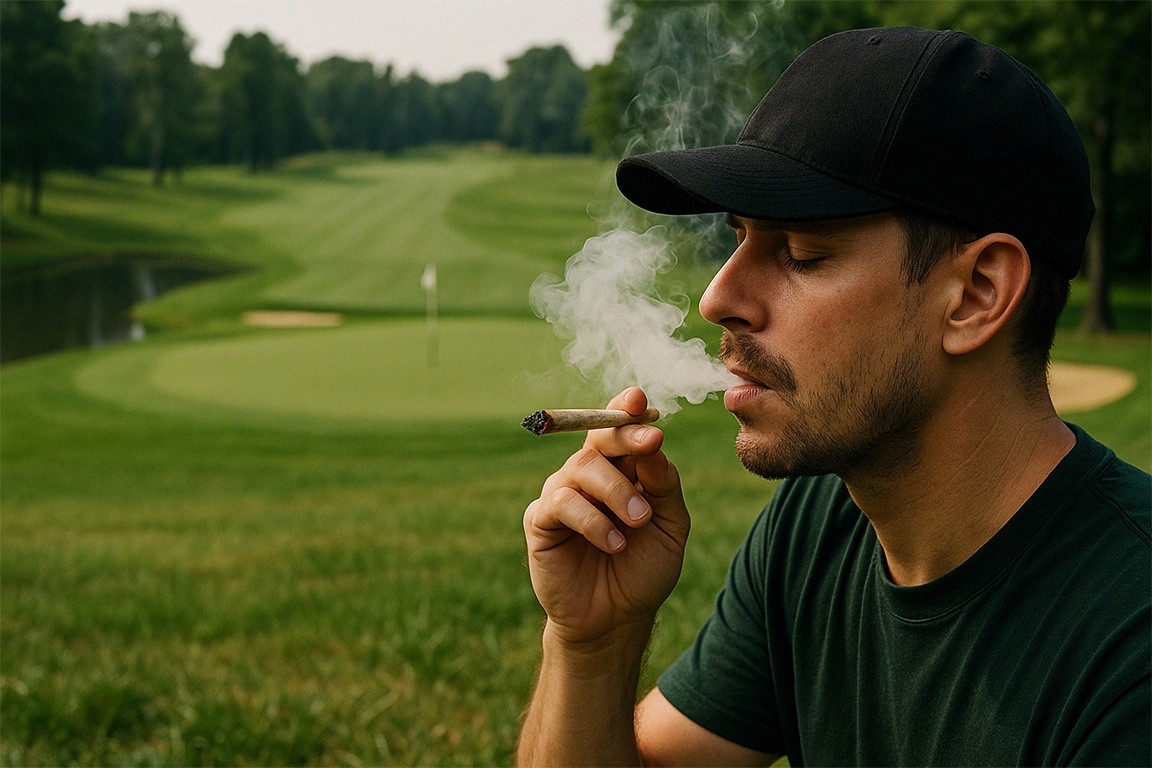 man smoking a join on a gold course