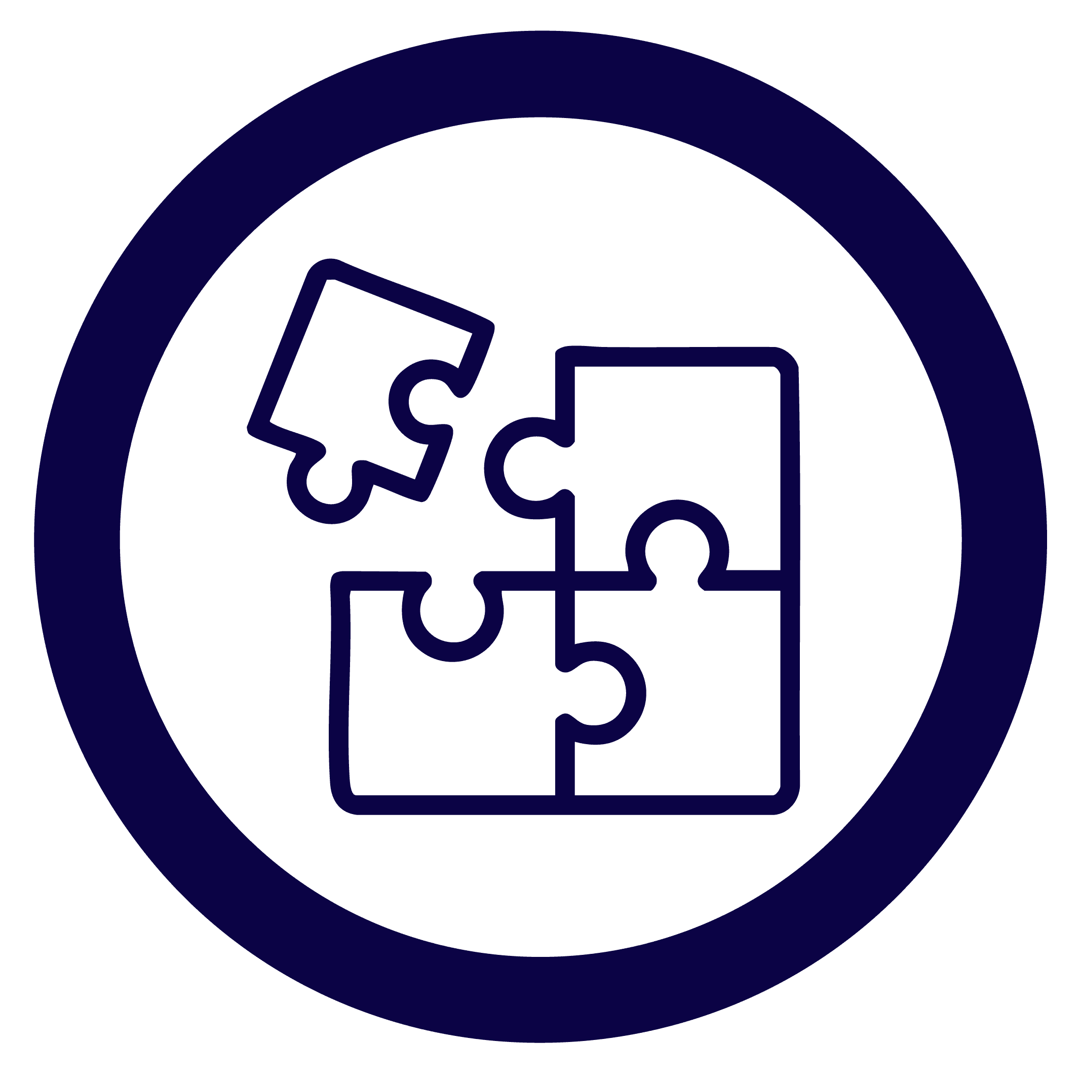 circle icon in blue of puzzle pices joining together