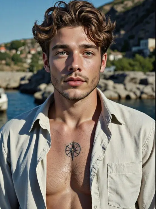 tattoo of realistic compass on man's chest, via AI tattoo generator