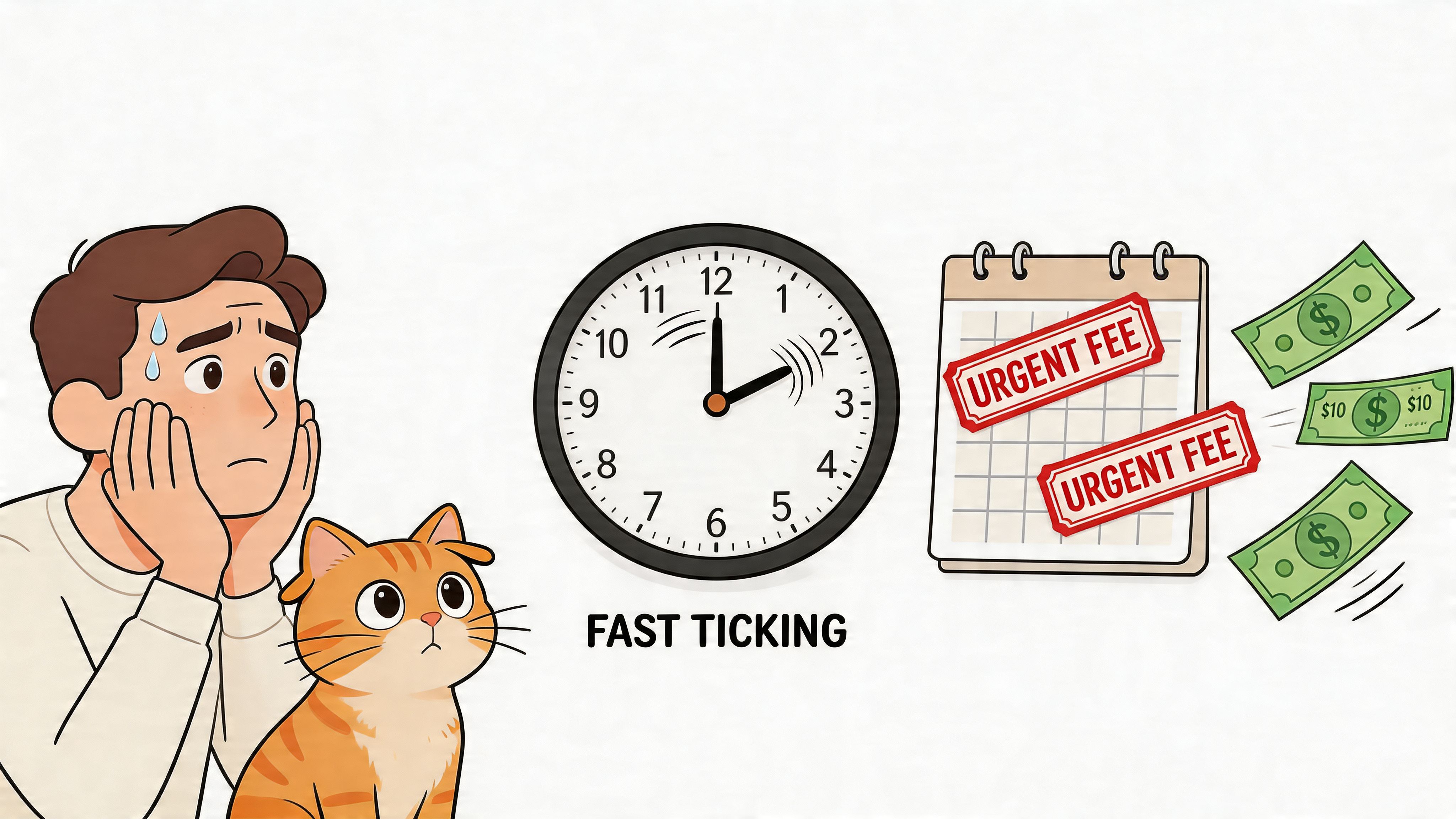 A concerned person and a cat looking at a clock and urgent fee notices for expenses.