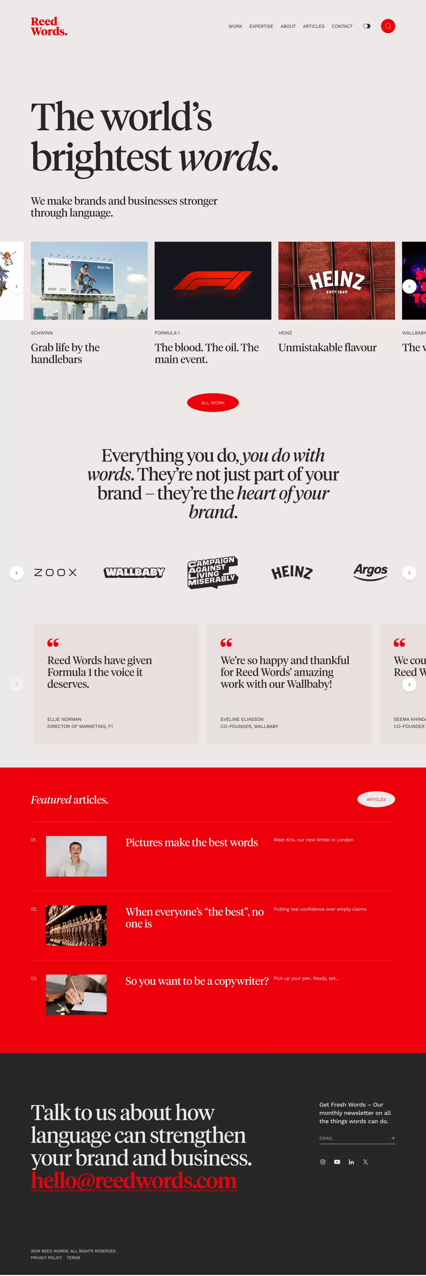 Reed Words portfolio page screenshot showcasing Marketing and Advertising design
