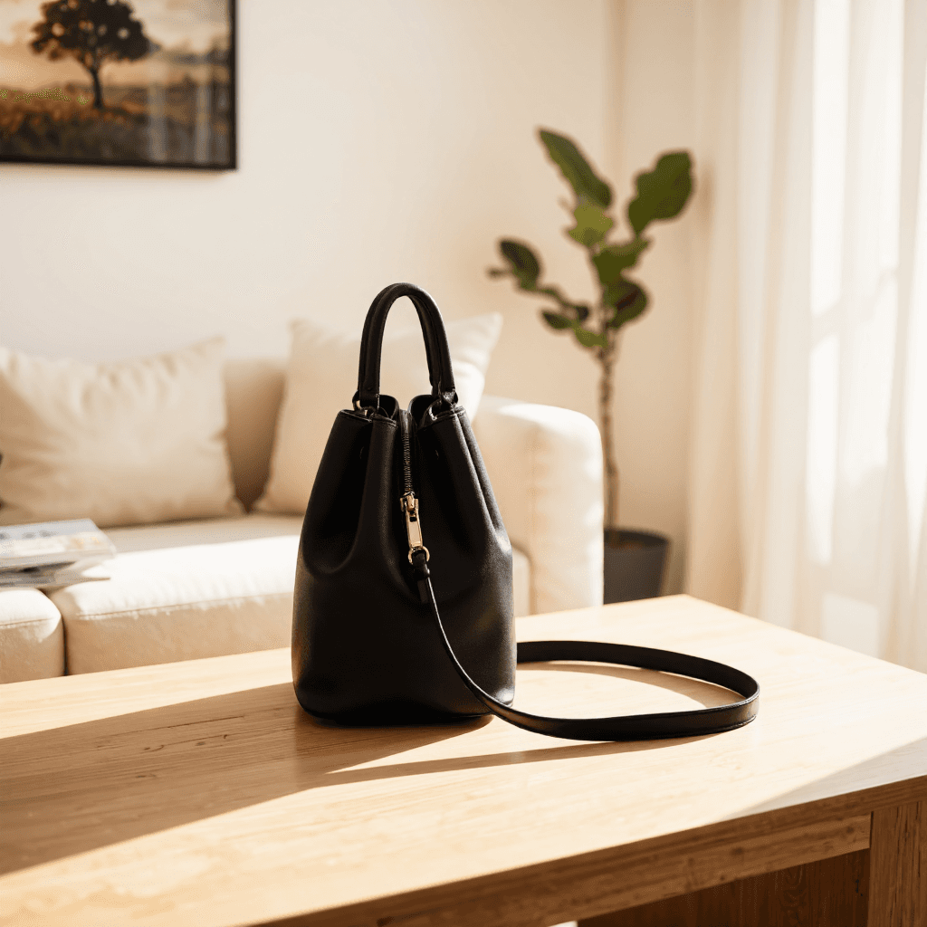 product photography of a small black handbag with a zipper and shoulder straps, suitable for daily use