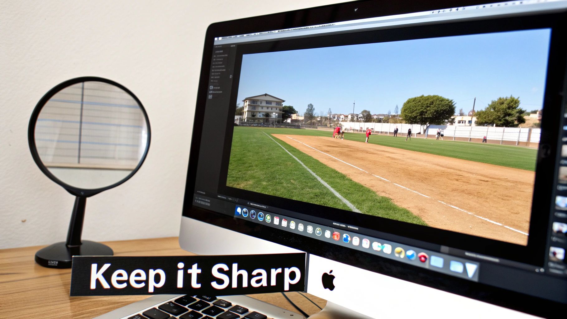 A computer monitor shows a baseball field, next to a magnifying glass and 'Keep it Sharp' sign.