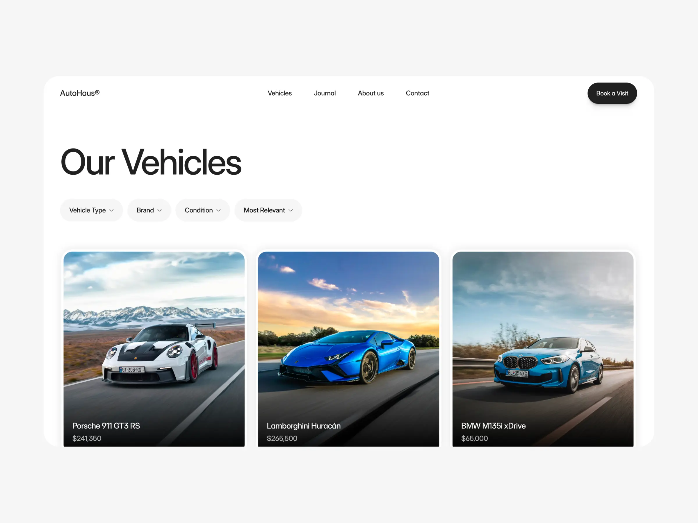 Car dealership website template featured vehicles grid layout