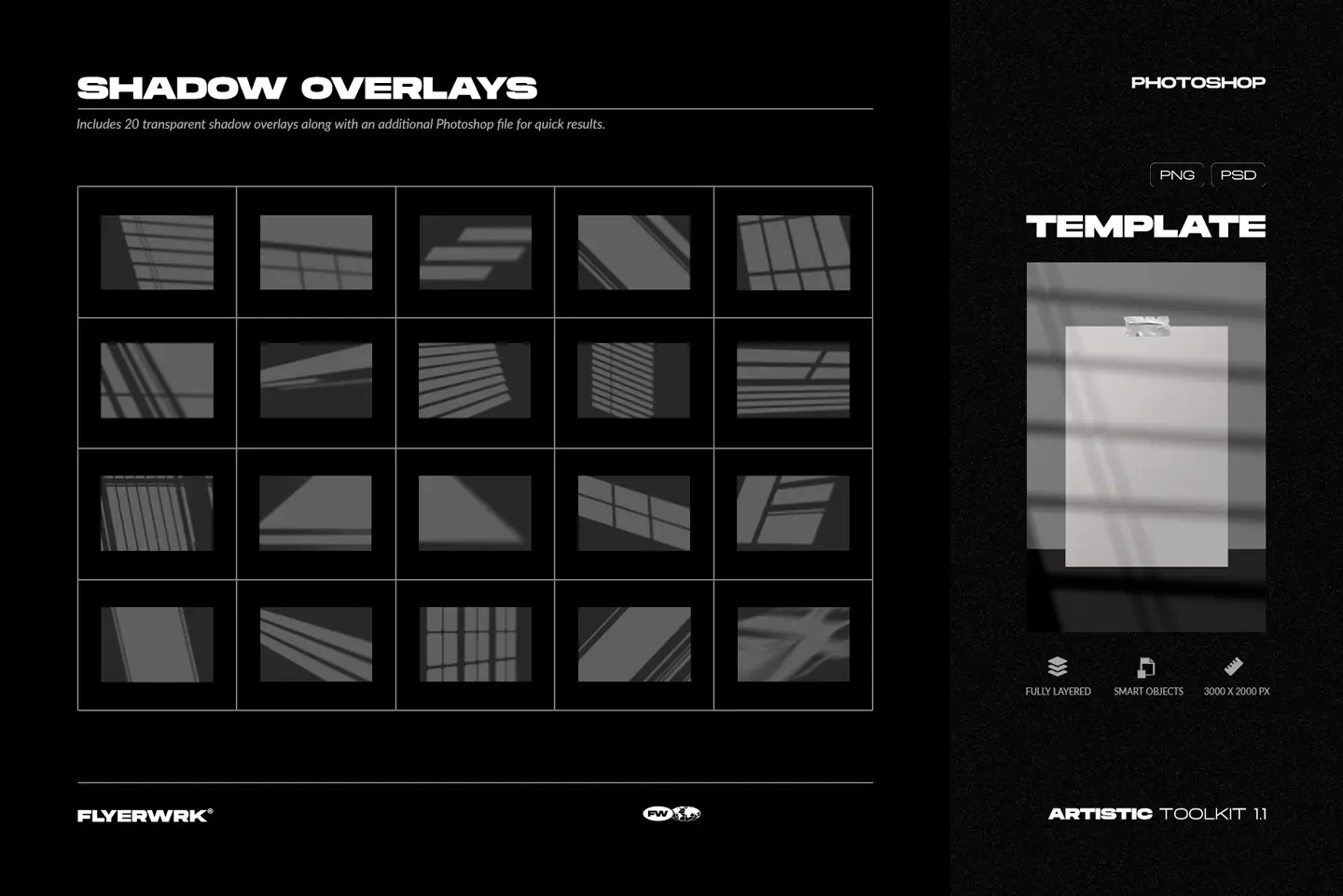 Artistic Toolkit 1 shadow overlays including twenty transparent PNG files and a layered Photoshop mockup template