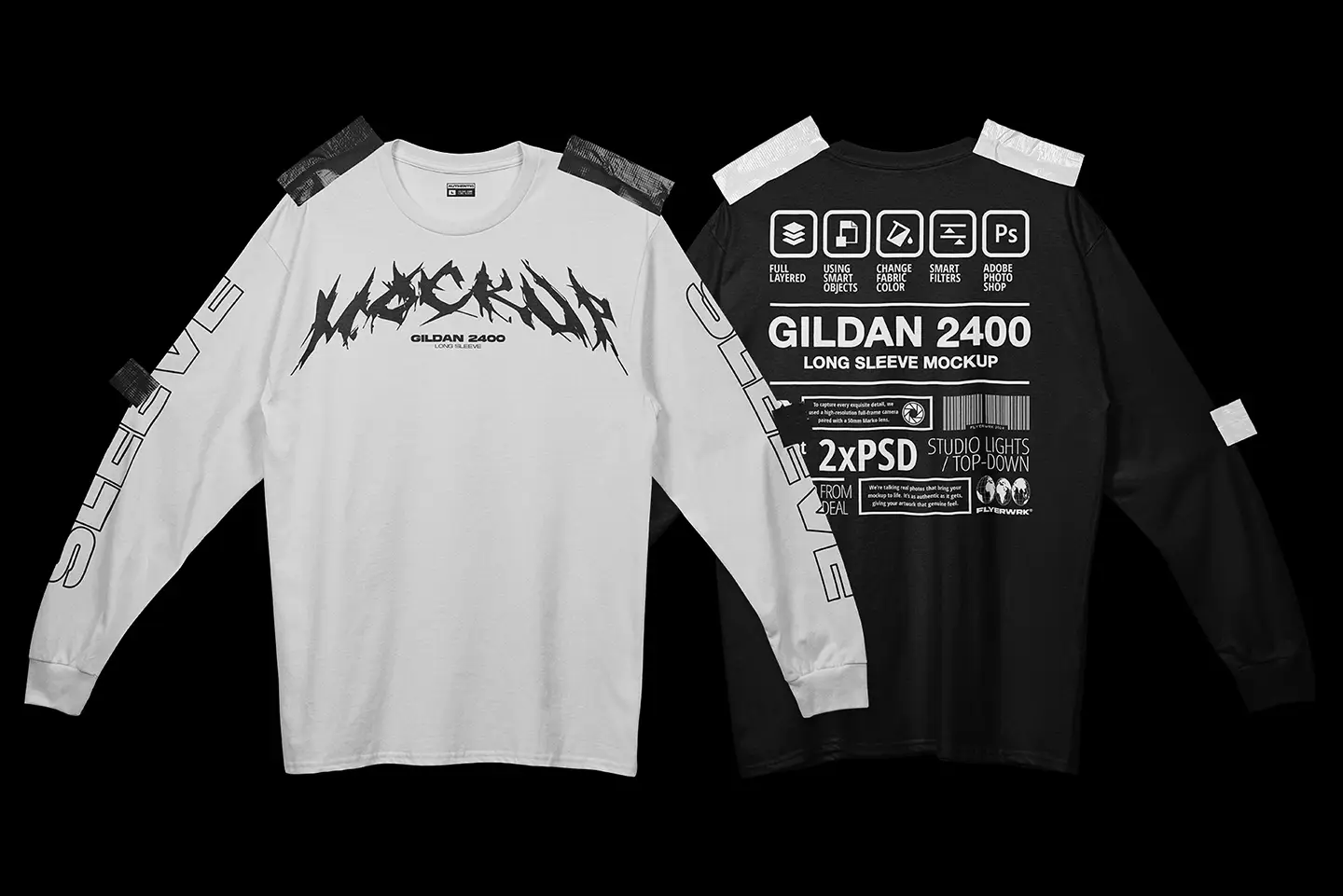 Gildan 2400 long sleeve taped mockup front and back view with customizable design