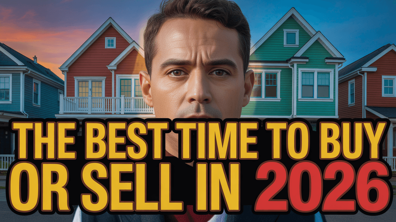 Close-up face with colorful homes behind and THE BEST TIME TO BUY OR SELL IN 2026 text