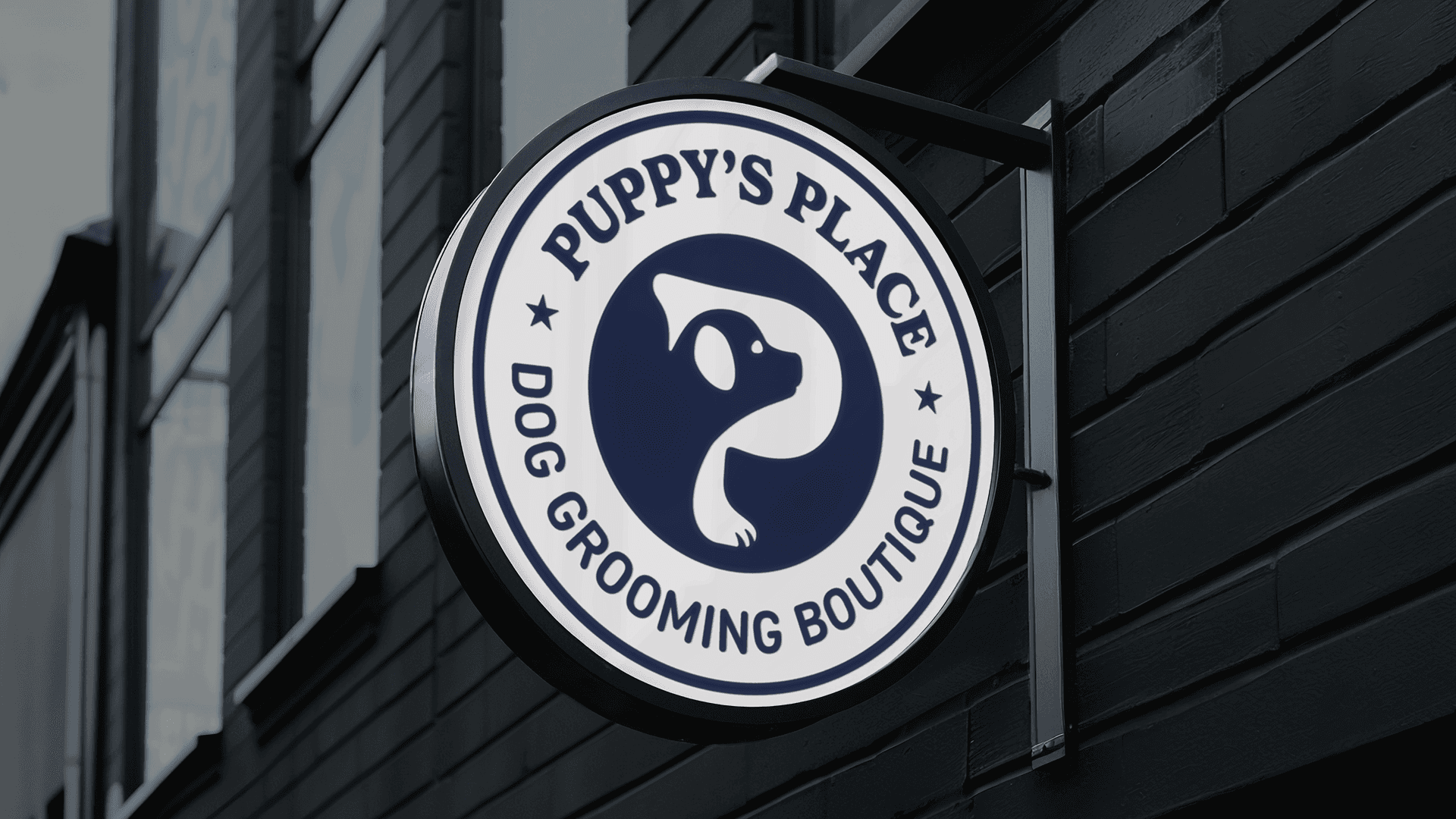 Mockup round flag sign featuring the Puppy's Place stamp logo