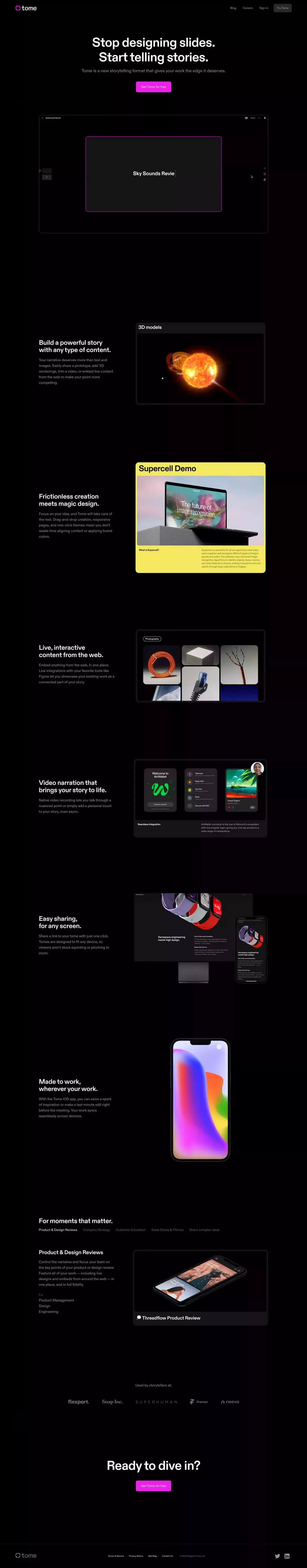 Tome - The storytelling tool for work. landing page screenshot showcasing Design and Tech design