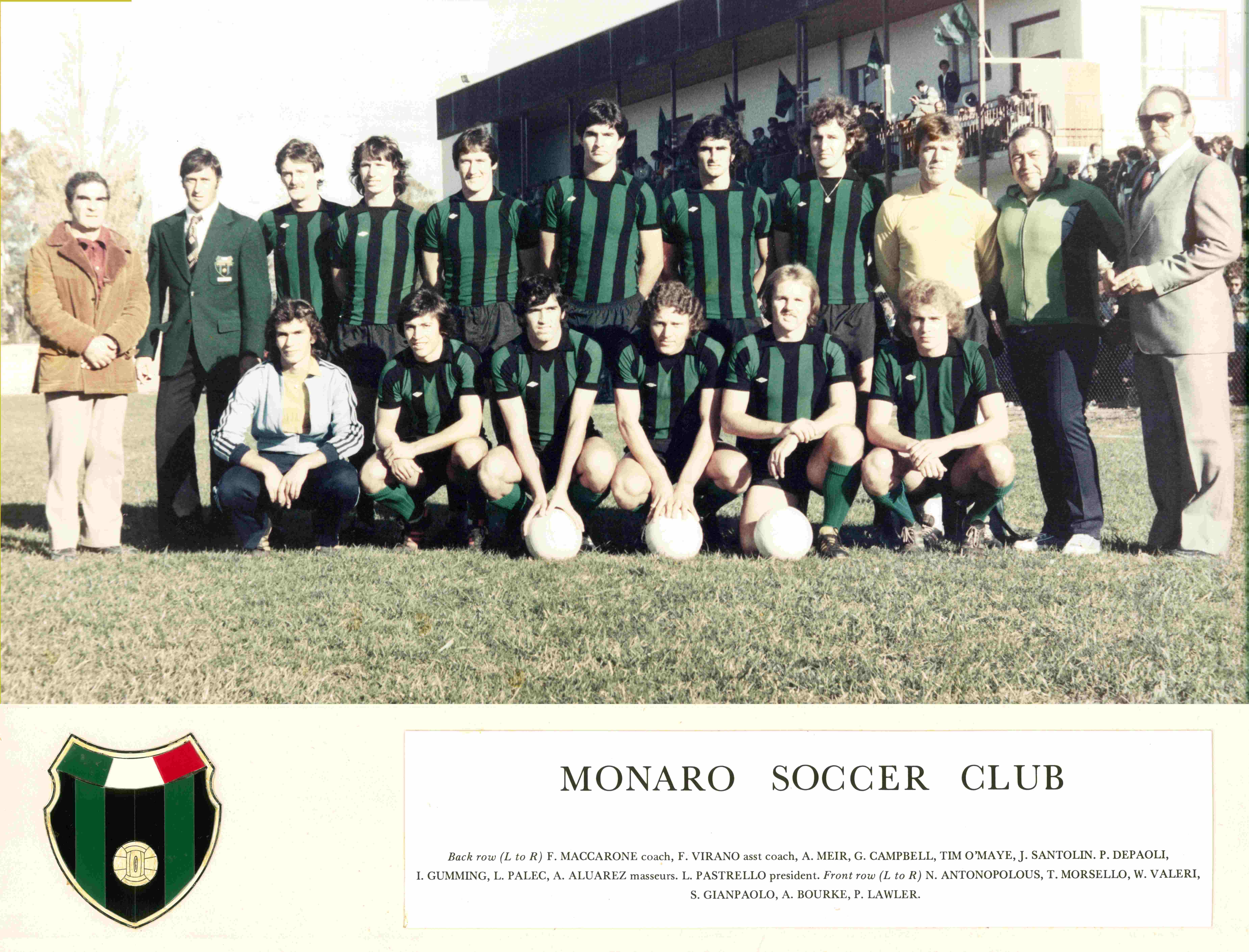Monaro Soccer Club team photograph from 1978 with players and officials wearing green and black.