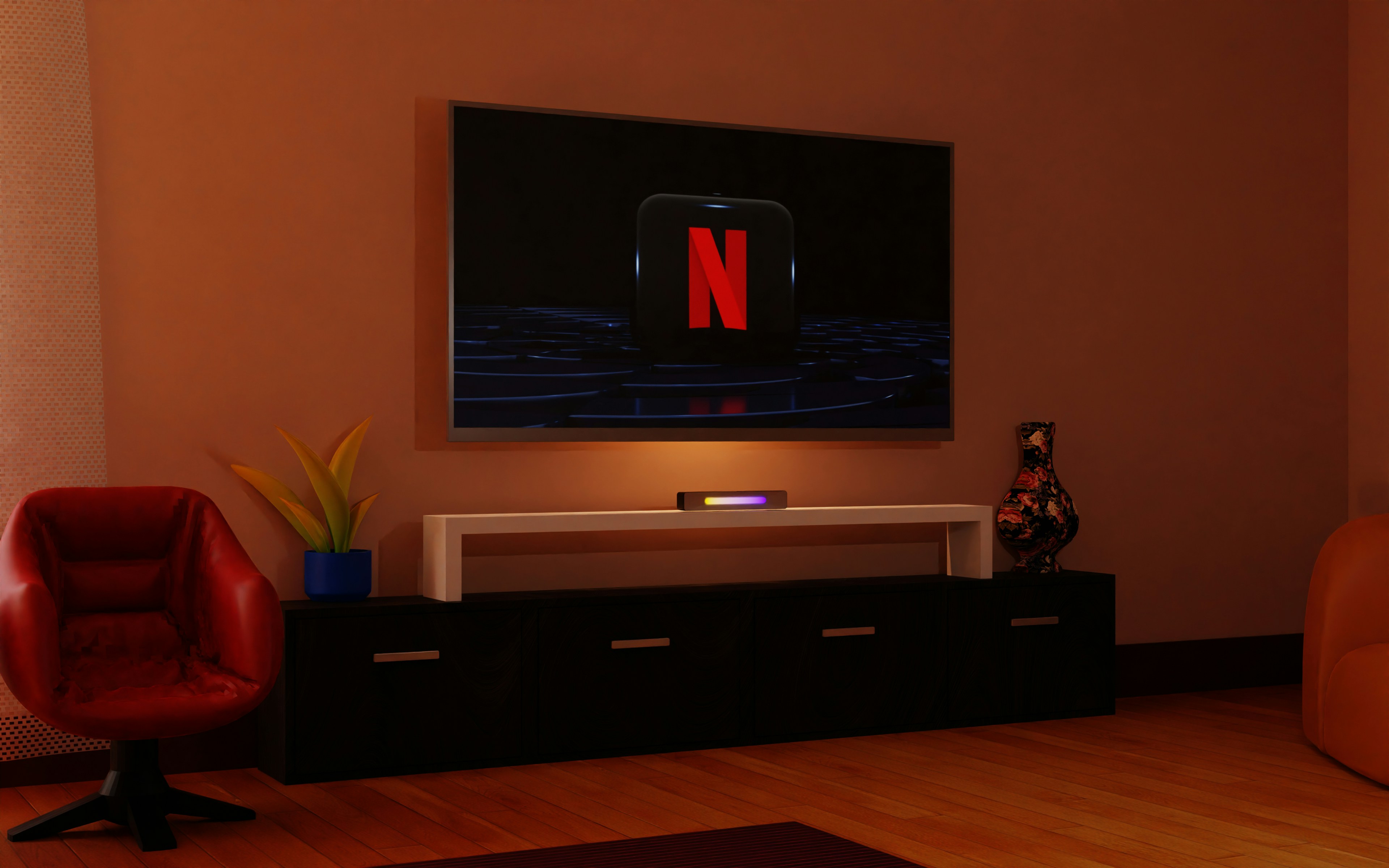 a living room with a flat screen tv on the wall