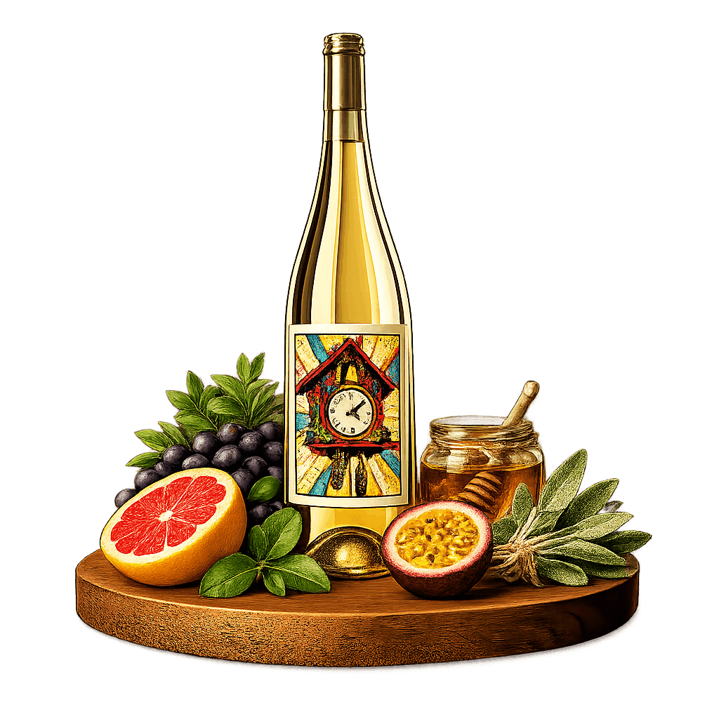 Artistic label and flavor profile for German Scheurebe on a rustic wooden table.