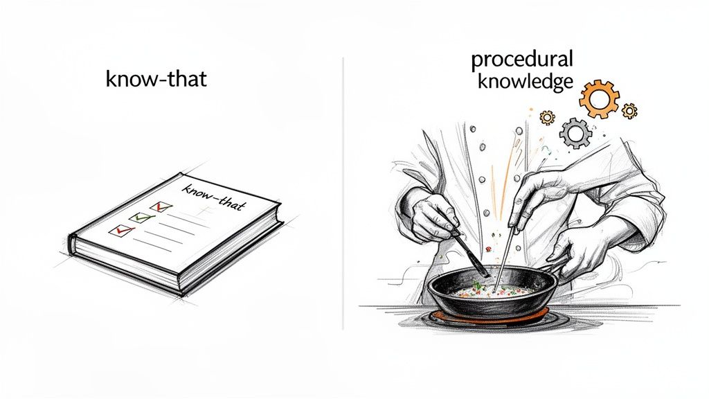 A visual comparison of 'know-that' declarative knowledge represented by a book and 'procedural knowledge' by a chef cooking.