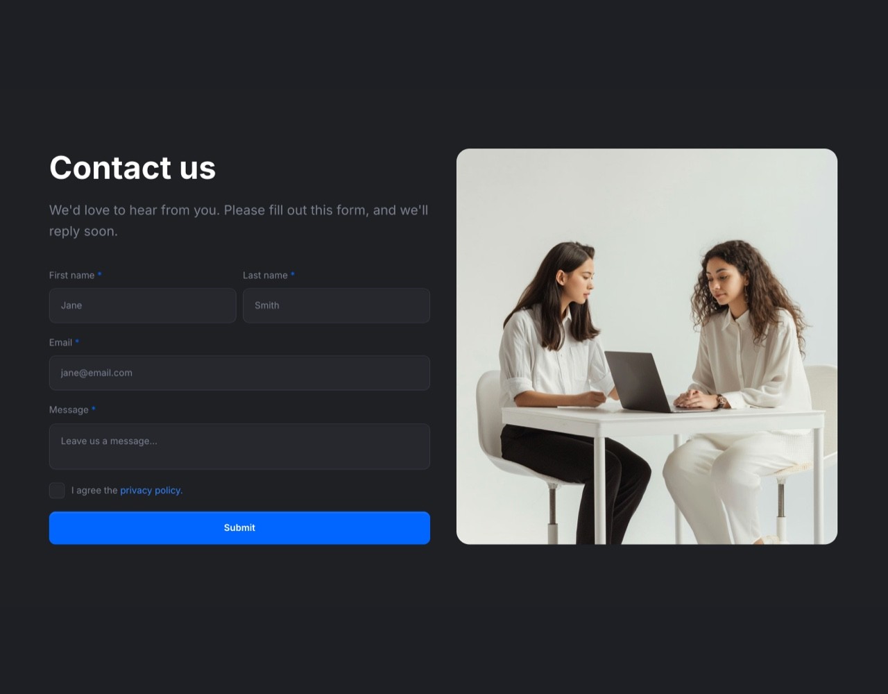 Framer Dark Contact Section - Frameblox UI