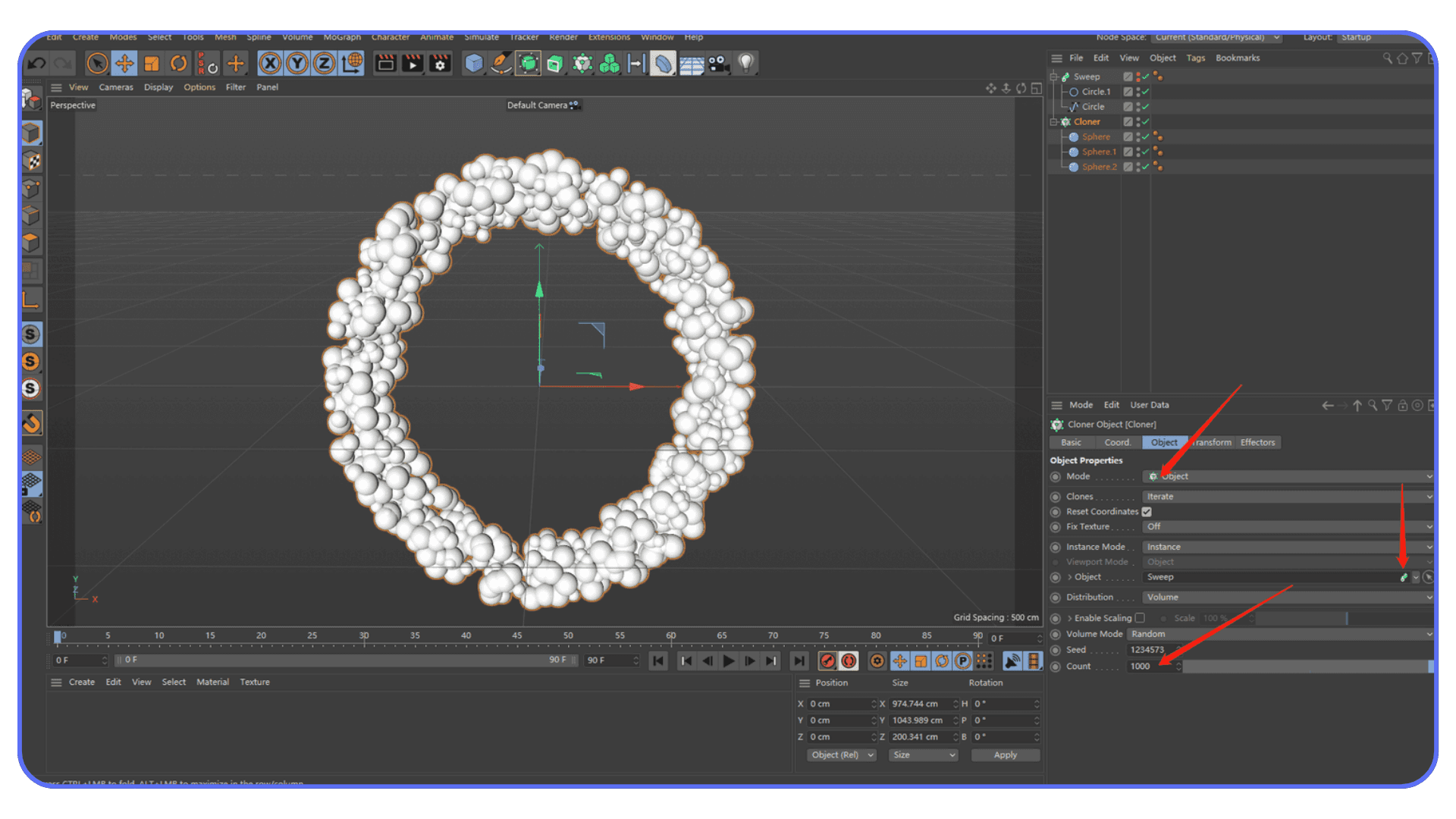 Cinema 4D MoGraph Cloner setup creating a circular array of objects with cloner parameters visible