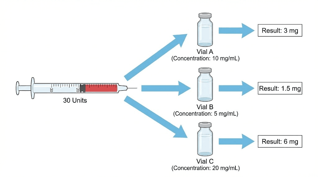 Tirzepatide 30 units conversion showing different mg results based on vial concentration