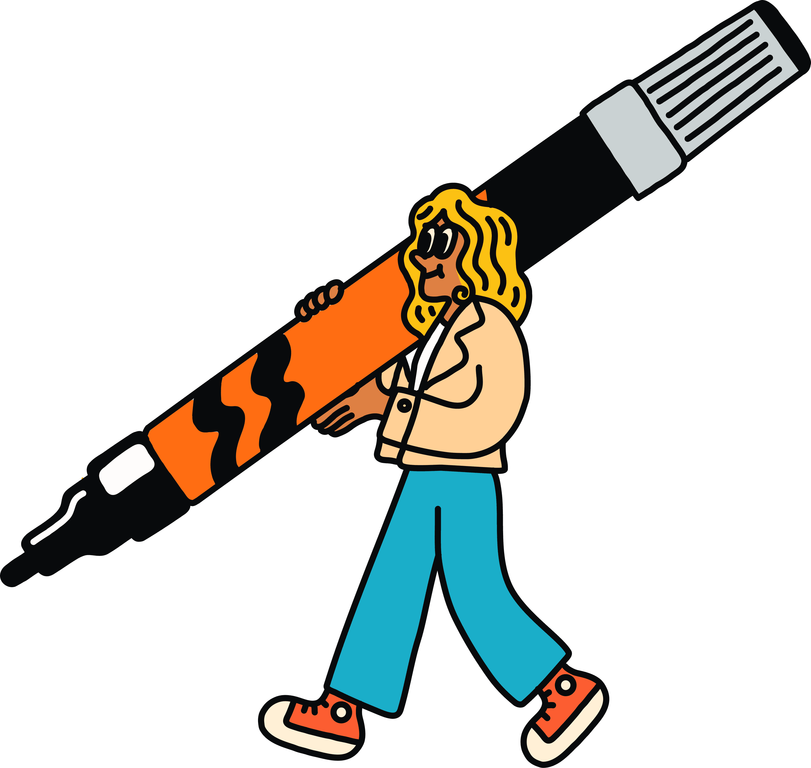 Illustration of a girl holding a big orange pen in her shoulder while walking.