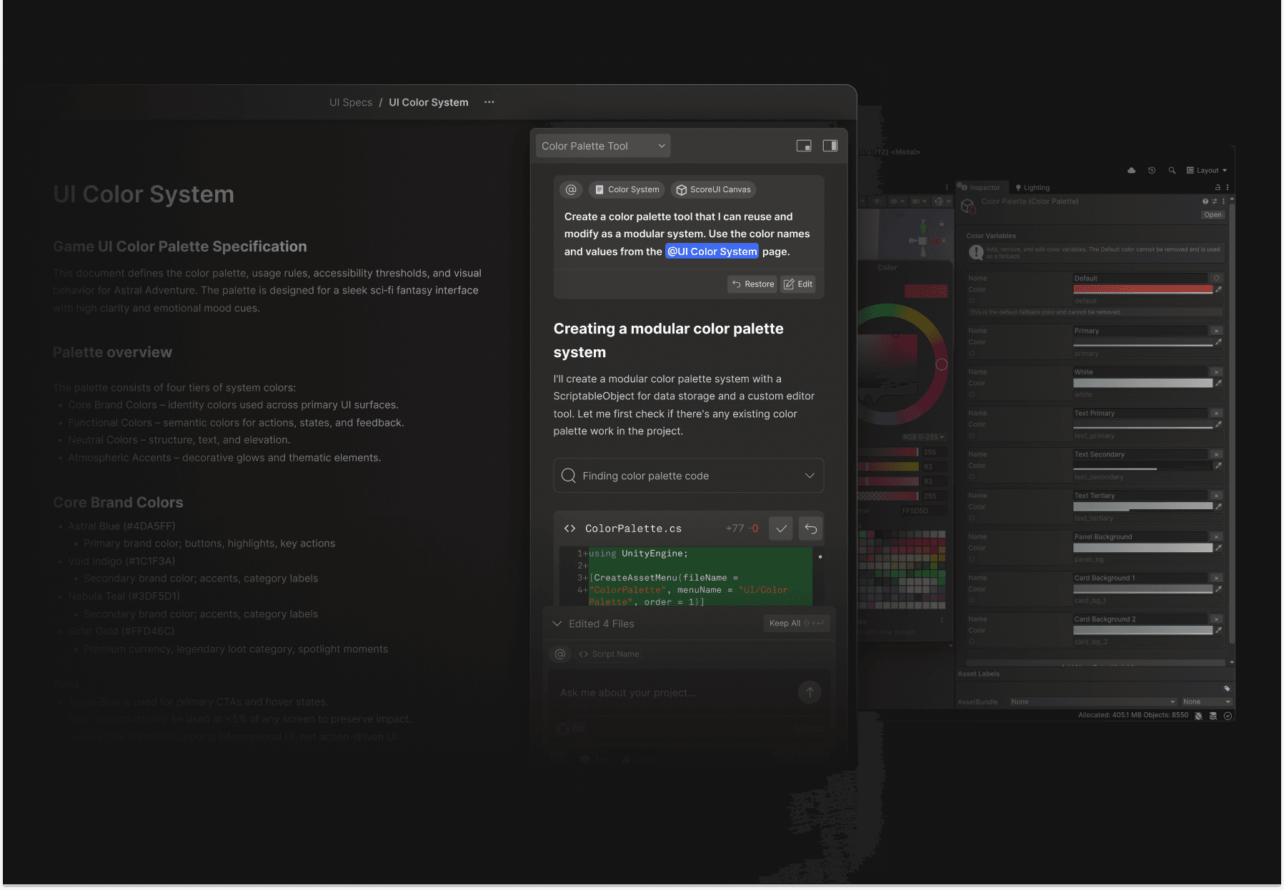 Original Unity Color Palette inspector, color picker, variable fields and swatches