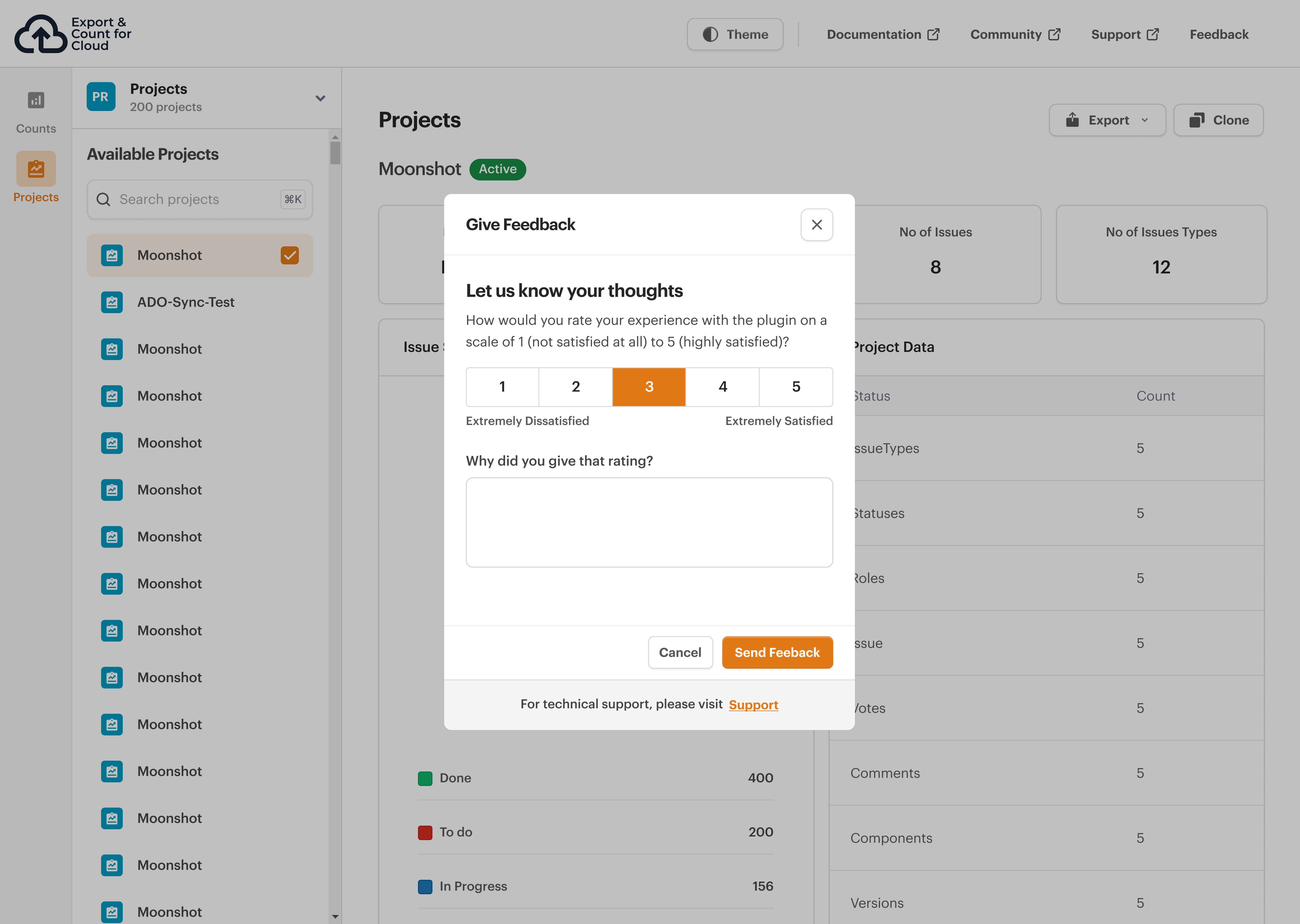 Screenshot of embedded survey screen within the plugin collecting user feedback directly inside the Jira environment.
