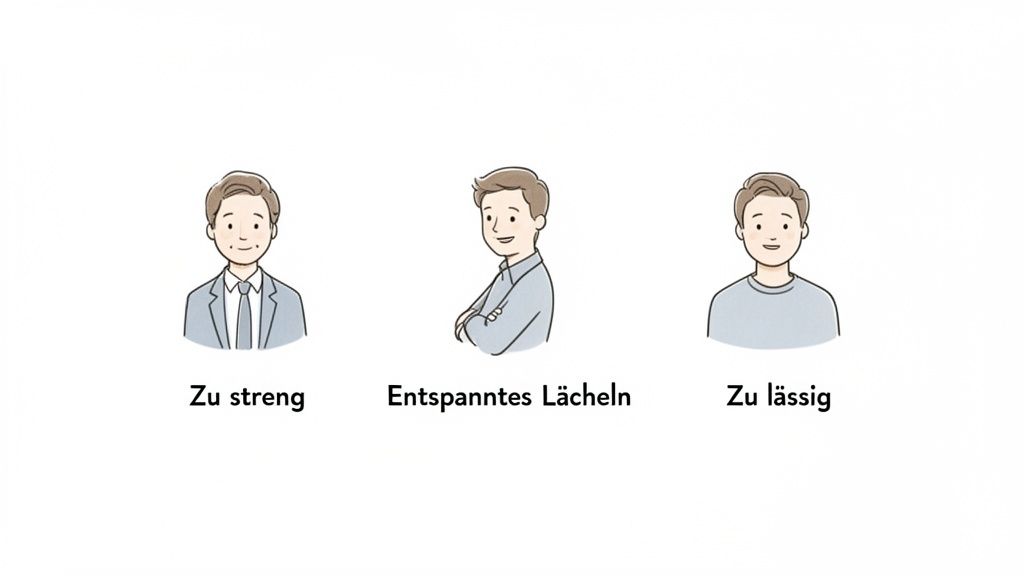 Drei Illustrationen eines Mannes zeigen verschiedene Ausdrucksweisen für ein Lebenslauf-Foto: streng, entspannt lächelnd und lässig.