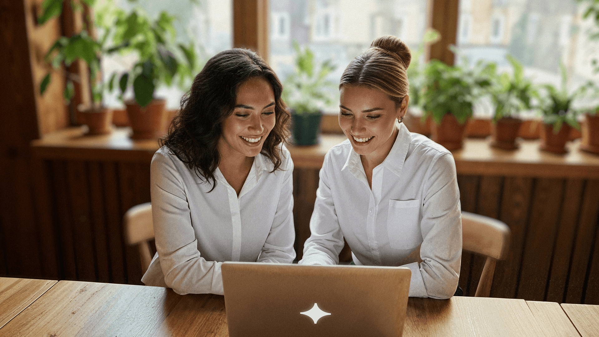 Duas Agentes Digitais da Tivita sentadas lado a lado em uma clínica iluminado, olhando para a tela de um notebook e sorrindo.Ambas vestem camisas brancas e parecem concentradas em uma conversa de trabalho. Ao fundo, há vasos de plantas e janelas que deixam entrar luz natural.
