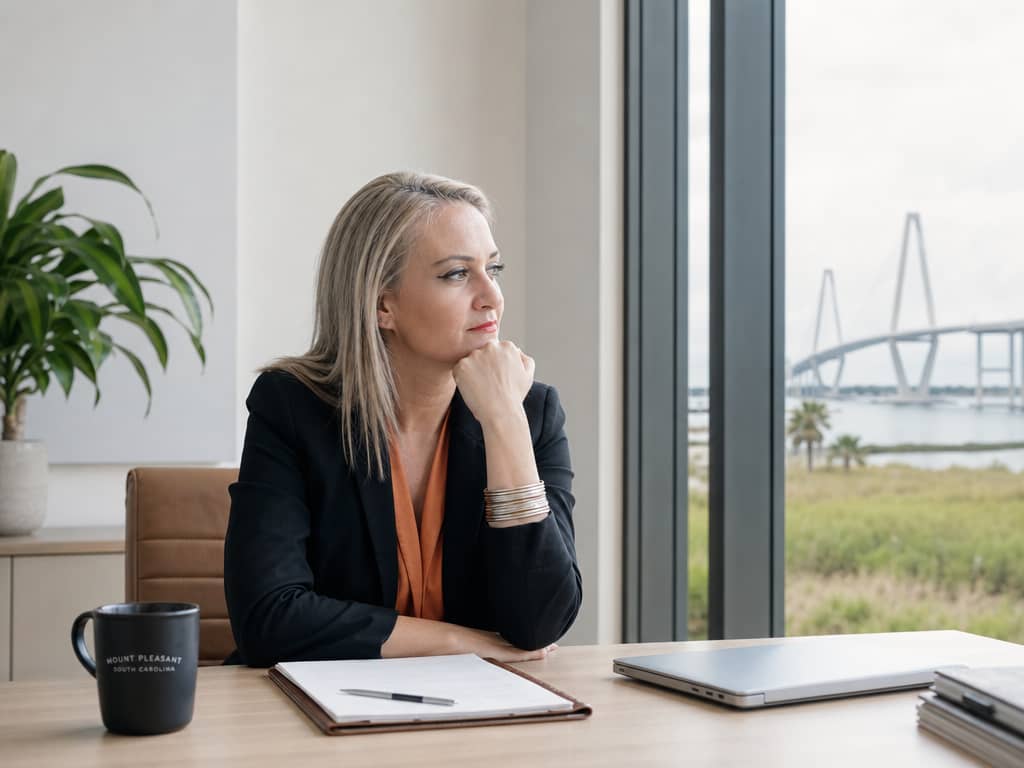 Professional woman in her 40s at a desk in a Charleston, SC office with the Ravenel Bridge visible — reflecting the mental fatigue and burnout associated with hormonal imbalance
