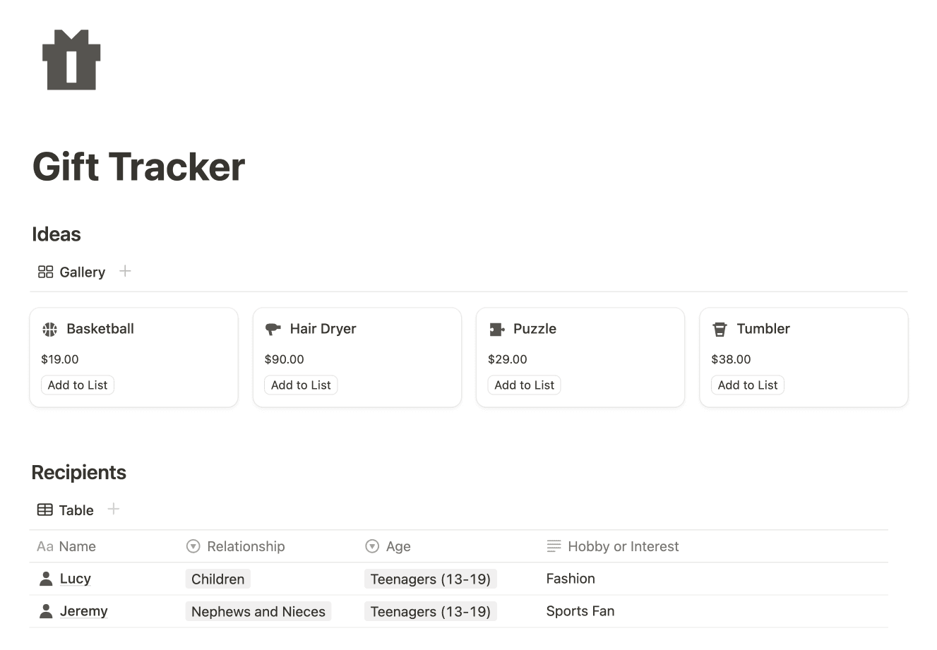 Gift Tracker Notion Template