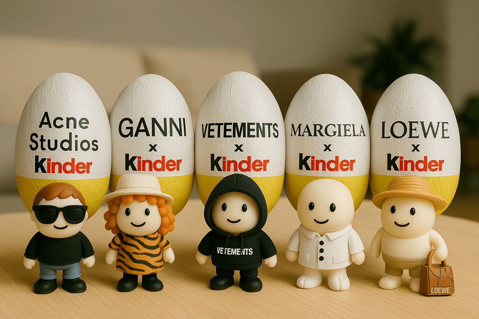 Five designer-themed Kinder Easter eggs featuring Vetements, Acne Studios, Ganni, Margiela, and Loewe—each paired with a stylish toy figure showcasing signature accessories and silhouettes.