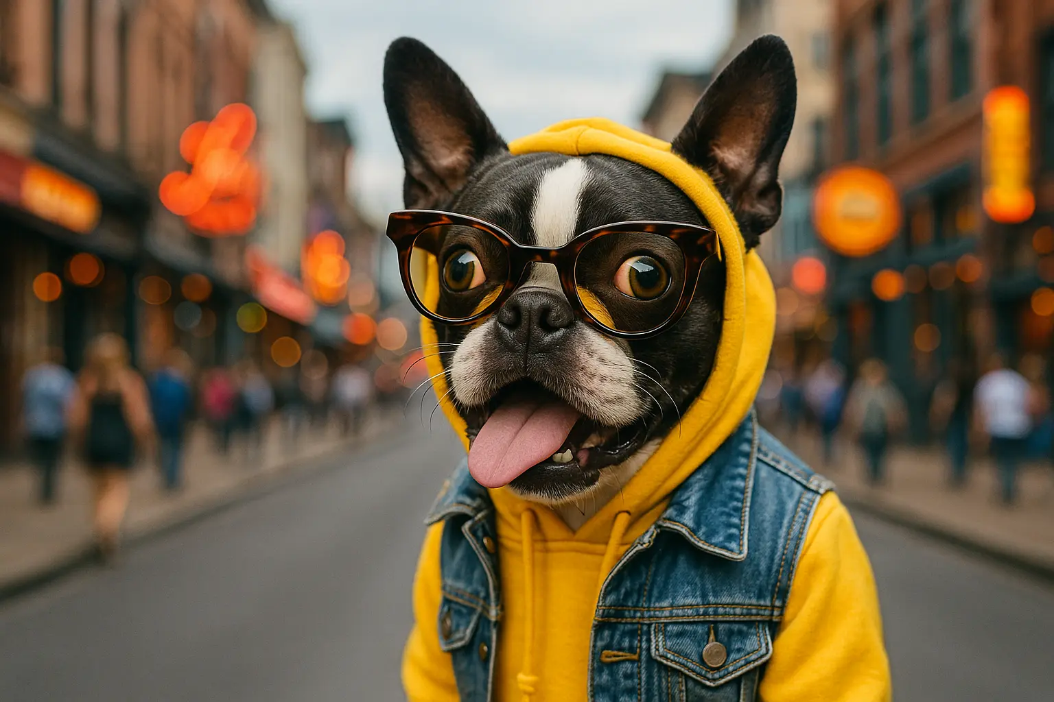 Boston Terrier mascot in a yellow hoodie and jean vest on a vibrant Nashville street, representing PitchPaws Marketing Nashville’s top pet marketing agency specializing in AI Search Optimization (AEO) and SEO results.